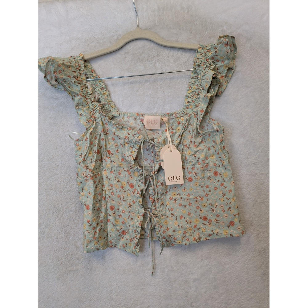 NEW Good Luck Gem Crop Top Women's Small Green Floral‎ Ruffle Tie Front